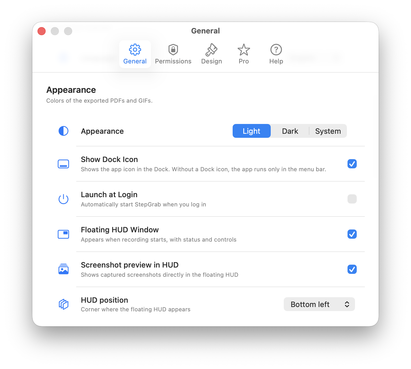 StepGrab の一般設定：外観、Dock アイコン、フローティング HUD